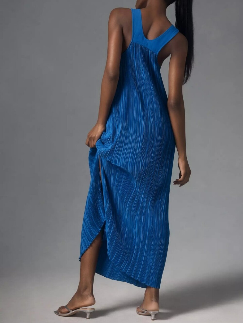 NWT Anthropilogie Dress Halter Plissé Sleeveless Large Maxi Blue Pleated - Picture 2 of 8